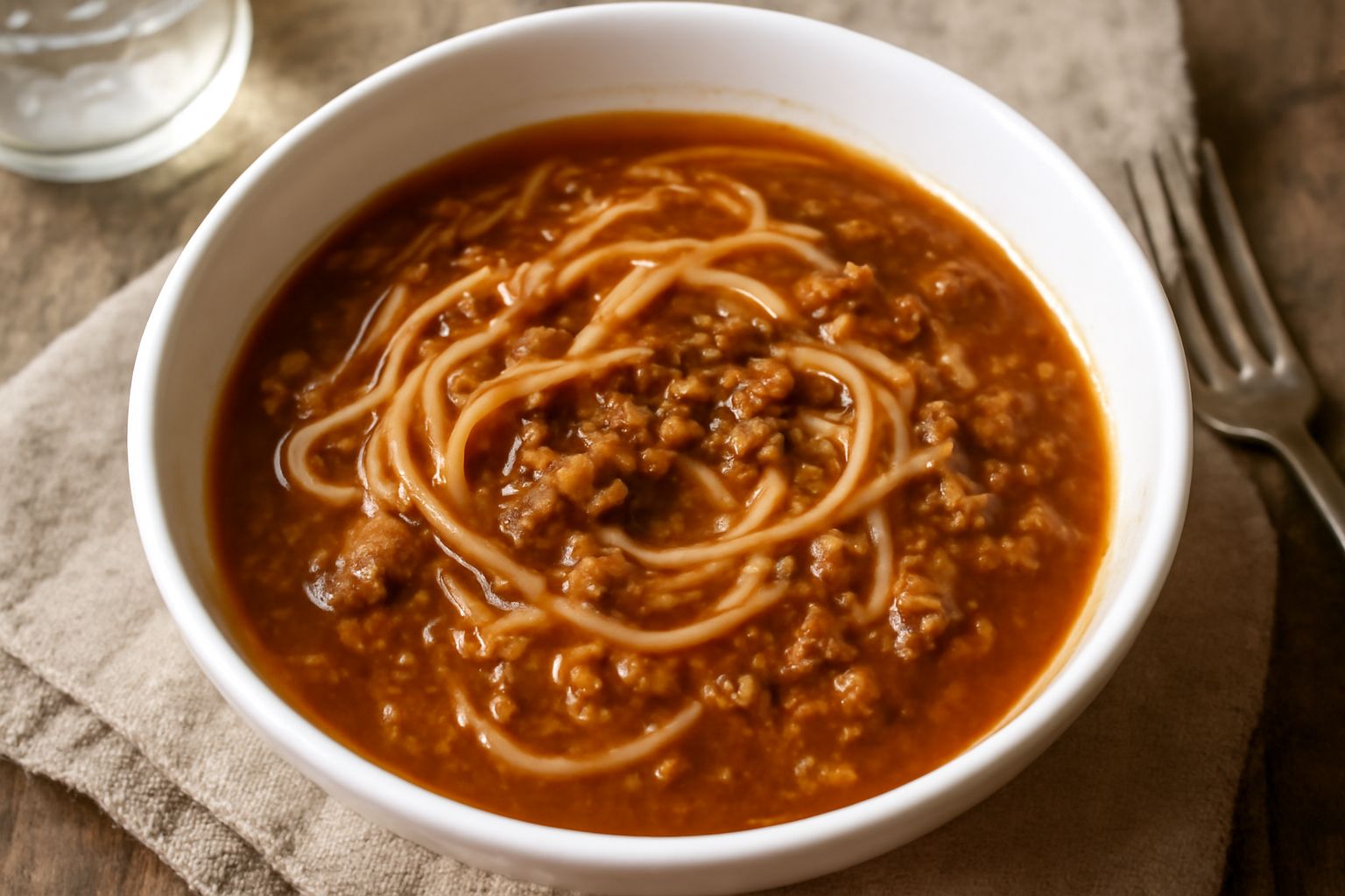 Una ciotola bianca con pasta in brodo di carne, con visibili pezzi di carne macinata, filo di olio d'oliva verde sull'orlo, cosparso di pepe nero macinato e foglie di prezzemolo fresco