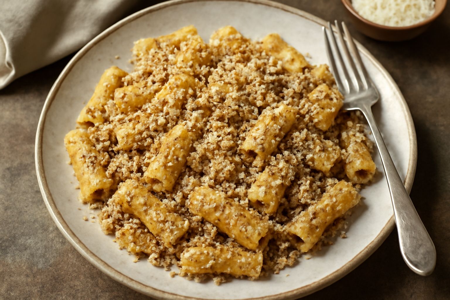 Piatto di pasta rigatoni con salsa color nocciola composta da noci frantumate, formaggio grattugiato e pangrattato dorato, guarnito con una noce intera in cima e filo d'olio