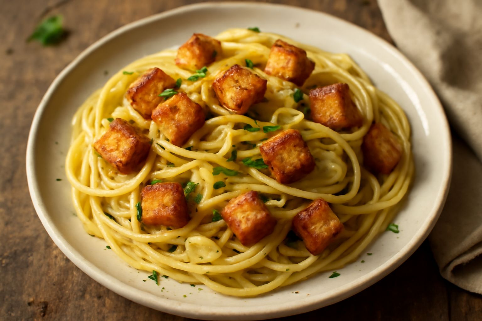 Pasta alla povera in un piatto bianco, con cubi di pane tostato dorato, fili di pasta intrecciati, aglio rosato nell'olio extravergine, prezzemolo fresco sparso