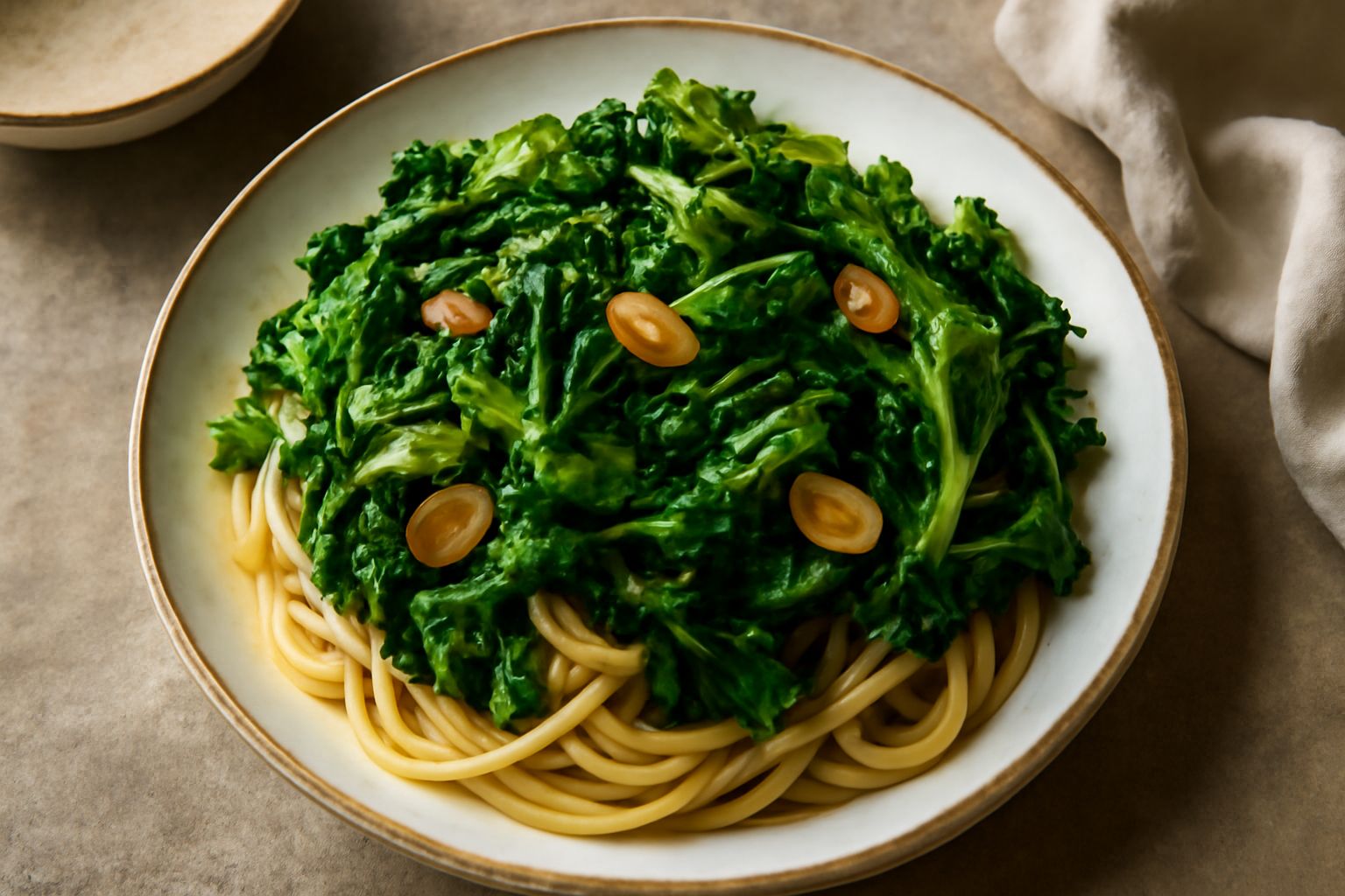 Piatto di pasta alla scarola con le verdure amare distribute uniformemente, colore verde intenso della scarola cotta, filo di olio lucido in superficie, pasta al dente leggermente umida