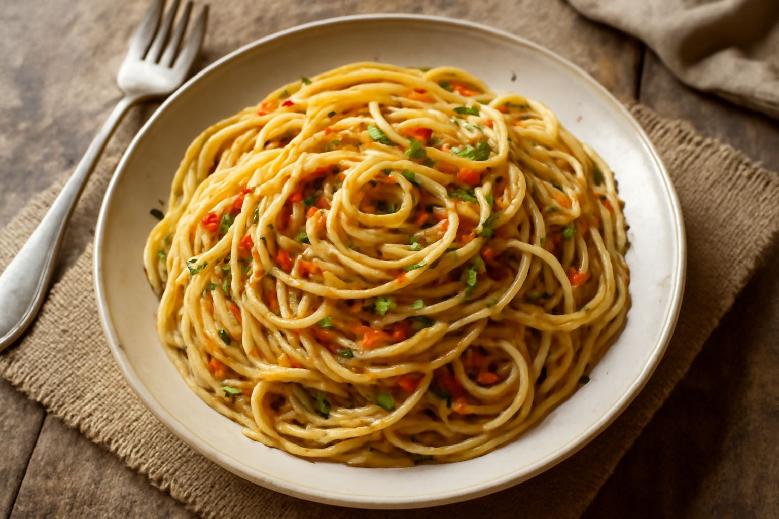 Piatto di pasta alla scarpariello con spaghetti ricoperti di olio lucido, pezzetti visibili di aglio dorato, peperoncino rosso e prezzemolo verde sparso in superficie, servito in piatto bianco su tavo