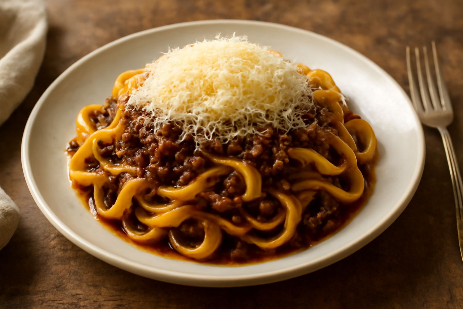 Tagliatelle alla senese in piatto bianco, condite con ragù rosso scuro, pecorino romano grattugiato bianco sulla superficie, vapore caldo che sale dalla pasta, forchetta di legno appoggiata al bordo d
