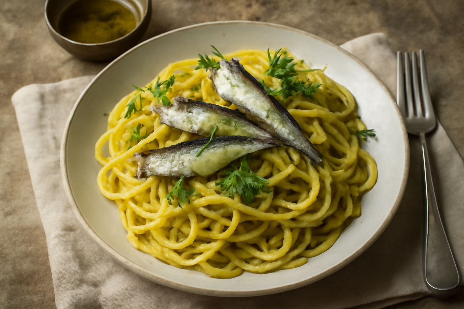 Un piatto di pasta bianca con sardine grigio-argento disposte sopra, finocchietto verde brillante, fili di zafferano giallo-oro visibili tra la pasta, servito in un piatto bianco con bordo smaltato