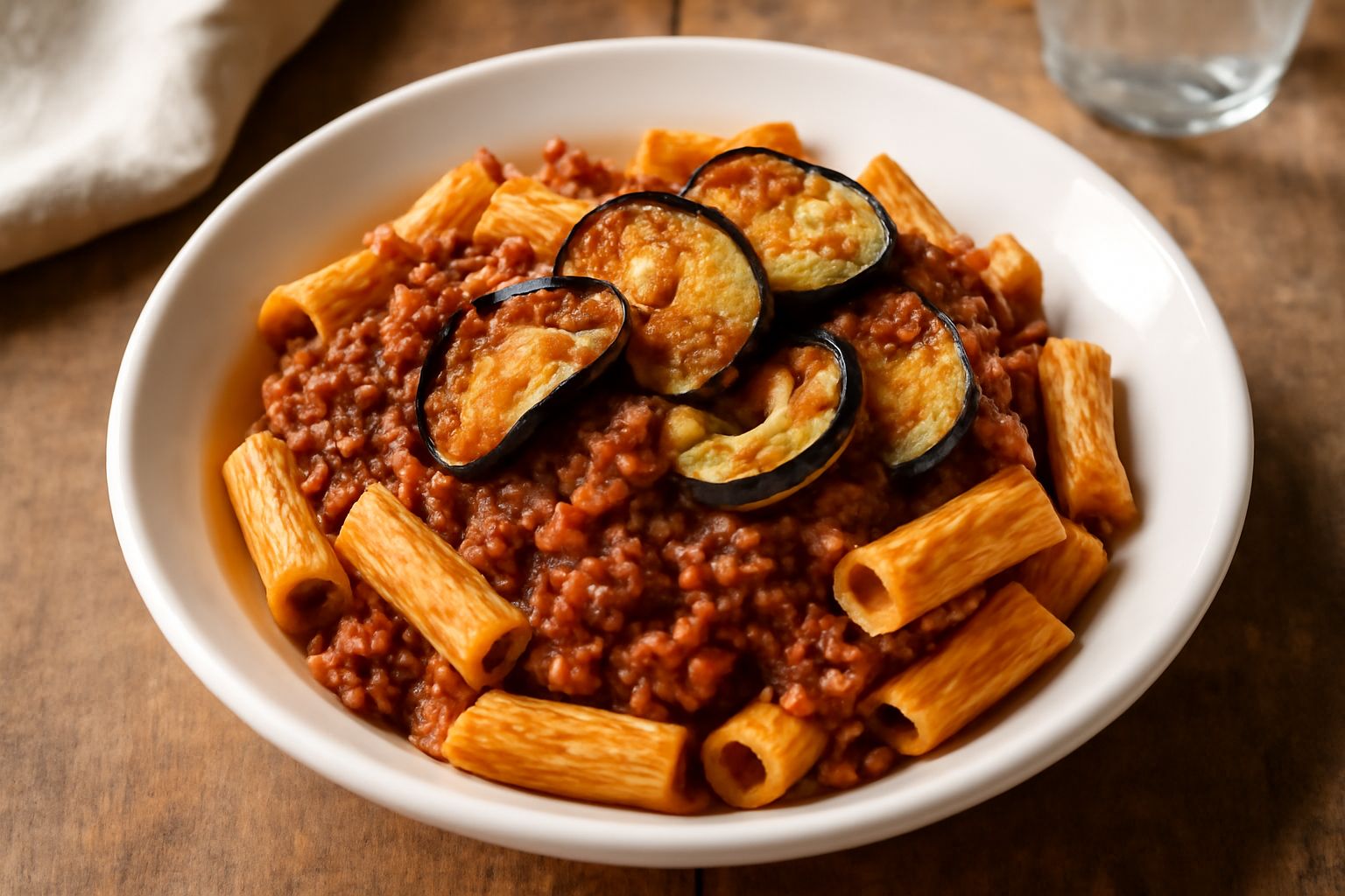 Un piatto di pasta alla silana con ragù marrone scuro, fettine di melanzana dorata e frammenti di pomodoro fresco, completato da scaglie di formaggio grattugiato bianco