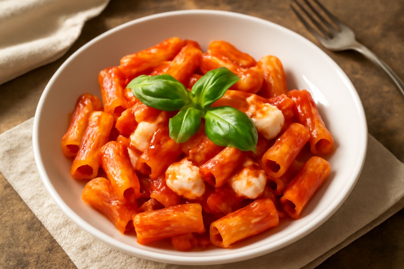 Piatto di rigatoni bianchi e rossi, conditi con pomodoro brillante, pezzi di mozzarella bianca filante, foglie di basilico verde, servito in ciotola bianca su sfondo in legno.