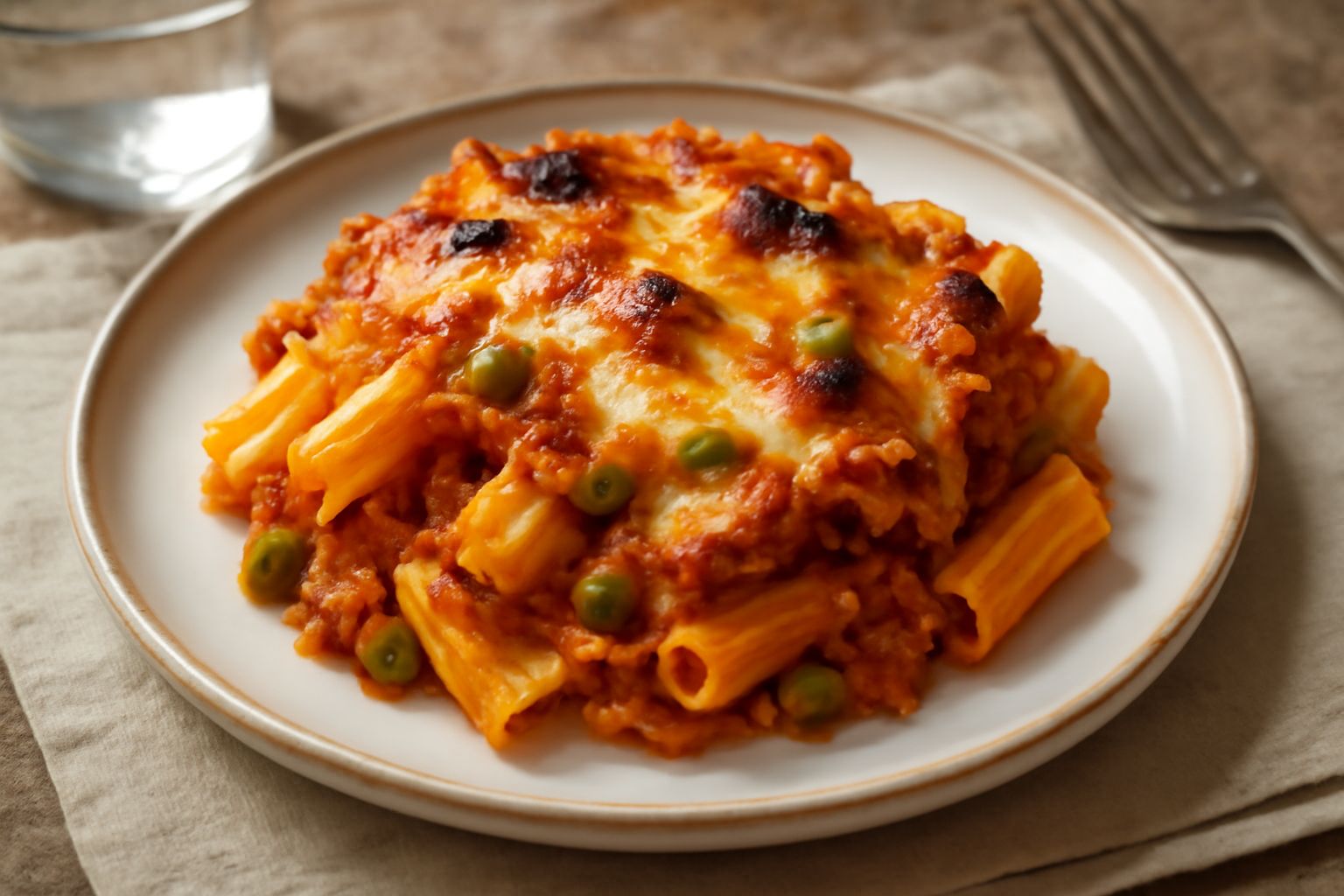 Piatto di ceramica bianca con pasta al ragù e piselli gratinata al forno, formaggio dorato in superficie, vapore caldo che sale dal piatto, contorno di erbette fresche