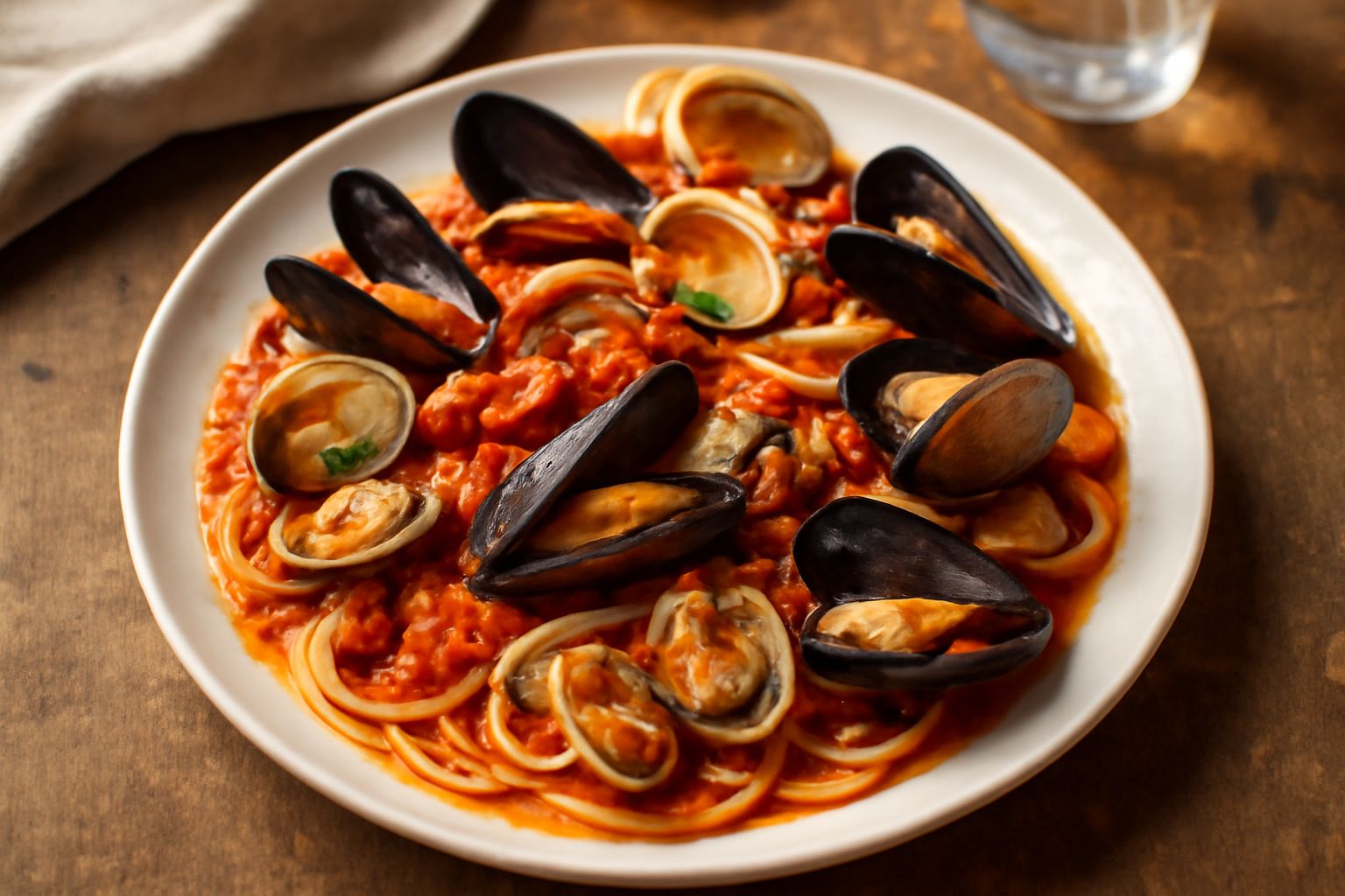 Piatto bianco con pasta spaghetti condita con ragù rosso di pesce, vongole e cozze intere sparse sulla superficie, prezzemolo verde fresco, leggero filo di olio d'oliva, sfondo neutro
