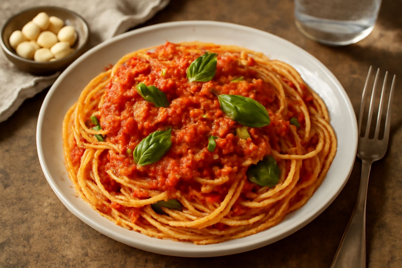 Piatto bianco con pasta spaghetti rivestita di salsa rossa con mandorle macinate, foglie di basilico fresco verde intenso, pomodori tritati visibili, aglio bianco, olio d'oliva lucido in superficie, i