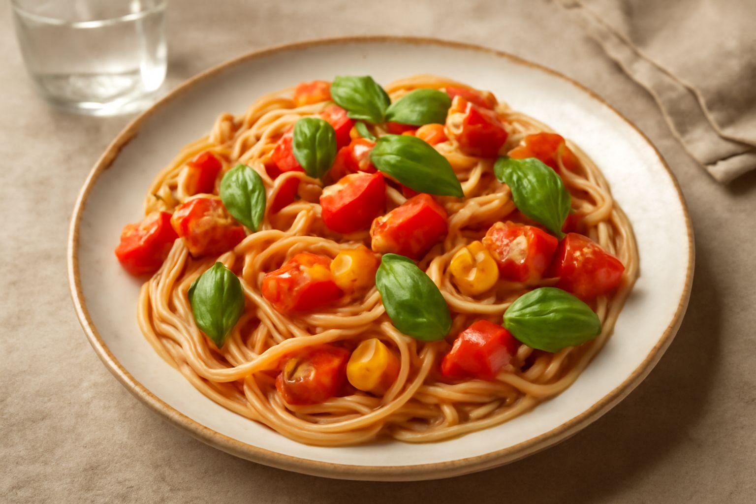 Piatto di pasta fresca con pomodori rossi tagliati, spicchi d'aglio visibili, foglie di basilico verde intero sparse, olio d'oliva lucido, tutto in una ciotola di ceramica bianca su tavolo di legno