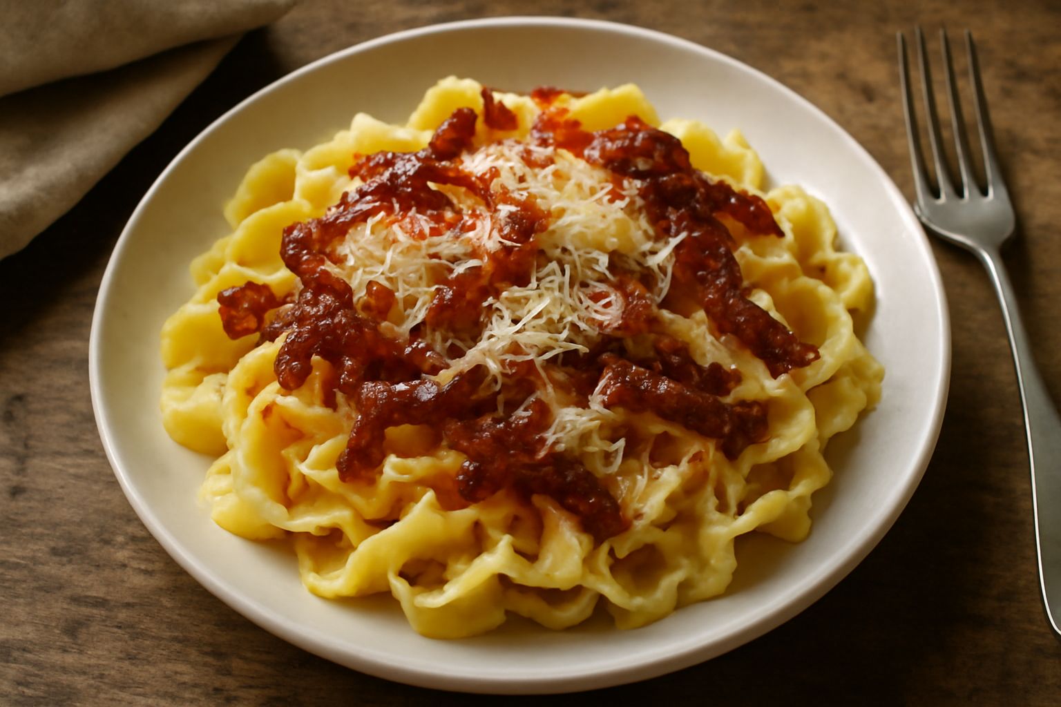 Piatto di pasta alla trentina con tagliatelle coperte di speck affumicato a strisce, formaggio grattugiato giallo-paglierino, burro fuso brillante e prezzemolo fresco sulla sommità