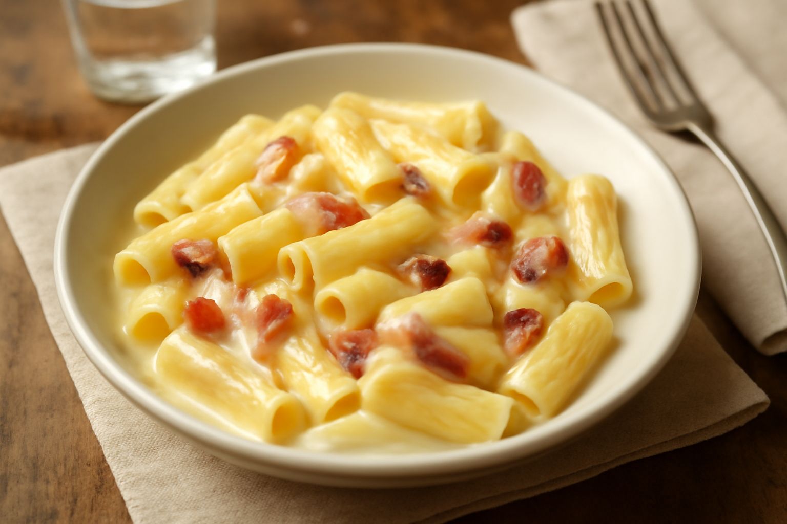 Piatto di pasta bianca cremosa con sfilacci di pancetta dorata, fonduta di formaggio fondente, condito con pepe nero macinato fresco, in piatto fondo color panna