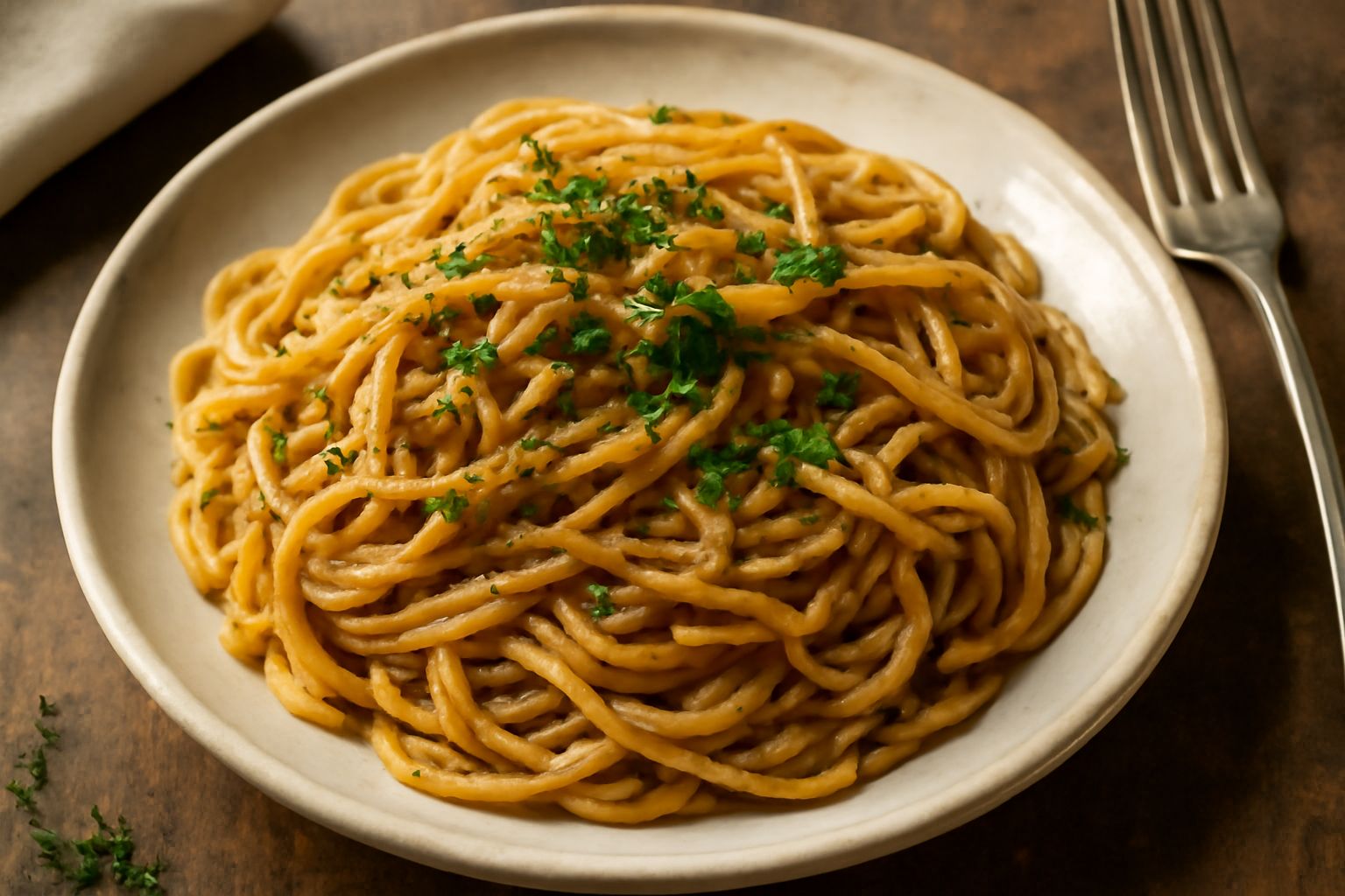 Piatto di pasta color biondo dorato con salsa lucida e leggermente scura, acciughe disciolte visibili nella crema oleosa, coperti di prezzemolo verde fresco, servito in ciotola bianca