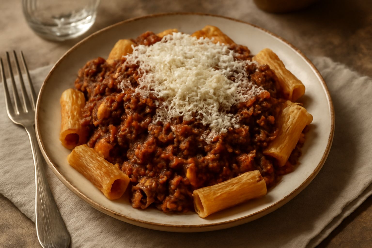 Piatto di pasta ricoperta da ragù marrone scuro e denso, con ragù ammassato sulla pasta, guarnito da parmigiano grattugiato bianco, servito in piatto bianco, filo di olio sui bordi