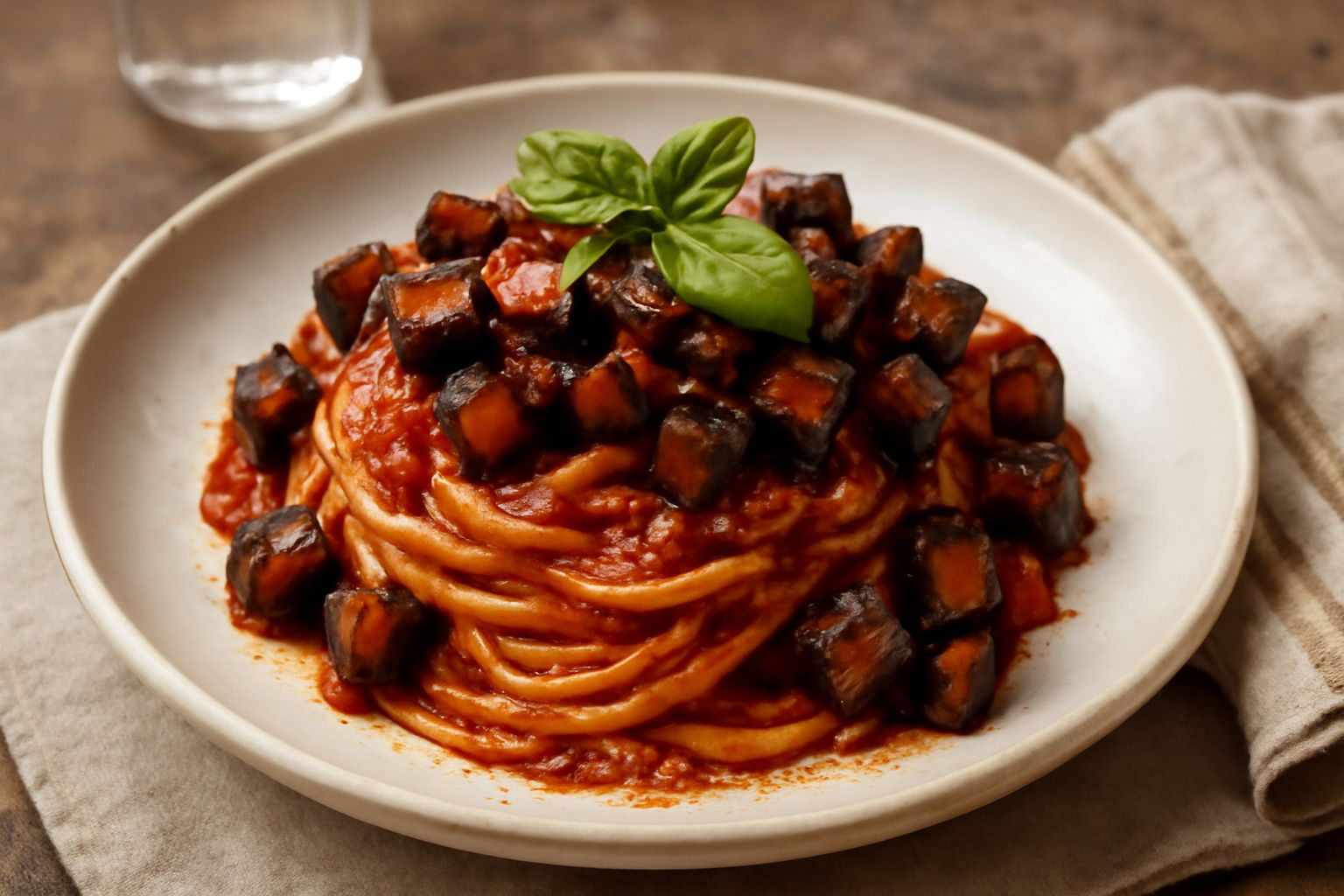 Pasta con melanzane fritte dorate, sugo rosso di pomodoro, basilico verde e parmigiano grattugiato in un piatto bianco fondo