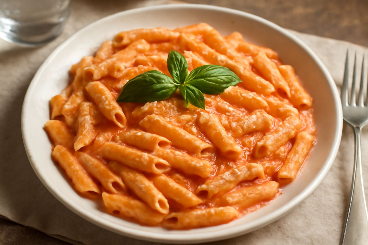 Piatto di pasta alla vodka servito in una ciotola bianca, con salsa cremosa rosa brillante che ricopre gli spaghetti, guarnito da foglie di basilico fresco verde e ricotta salata sbriciolata in scagli
