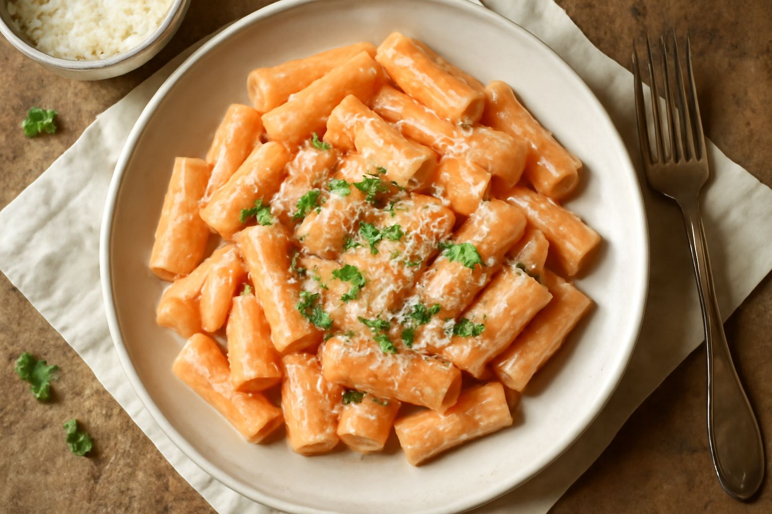 Piatto di pasta rigatoni cremosa ricoperta da una salsa rosa pallido, con pomodori freschi tritati in superficie e una fogliolina di basilico fresco verde al centro, servita in un piatto bianco fondo 