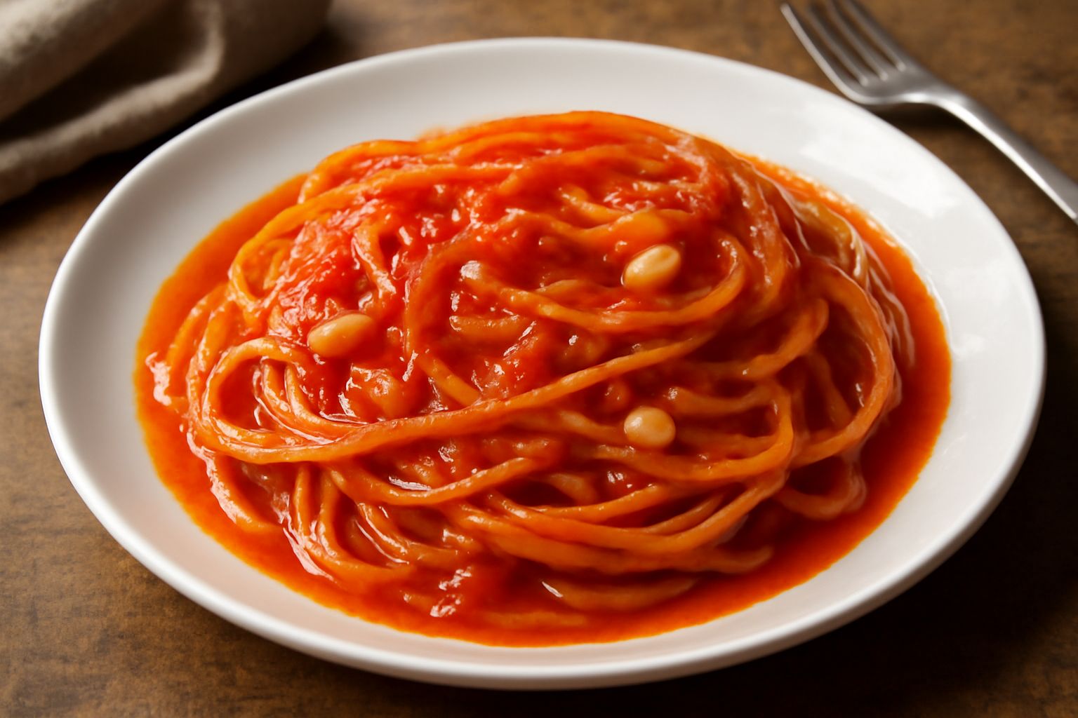 Piatto di spaghetti all'aglione conditi con sugo rosso di pomodoro e aglio, olio verde in superficie, pepe nero macinato fresco, servito in ciotola bianca su tavolo in legno