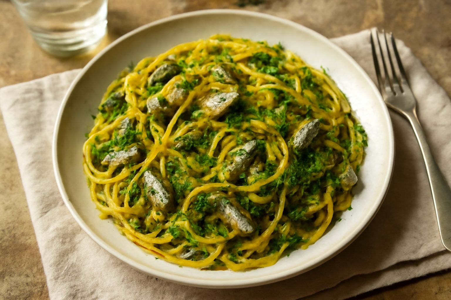 Piatto di pasta all'agrigentina servito in una ciotola bianca, con filamenti dorati di zafferano, sardine grigie e finocchio verde distribuiti sulla pasta, condita con olio d'oliva lucido