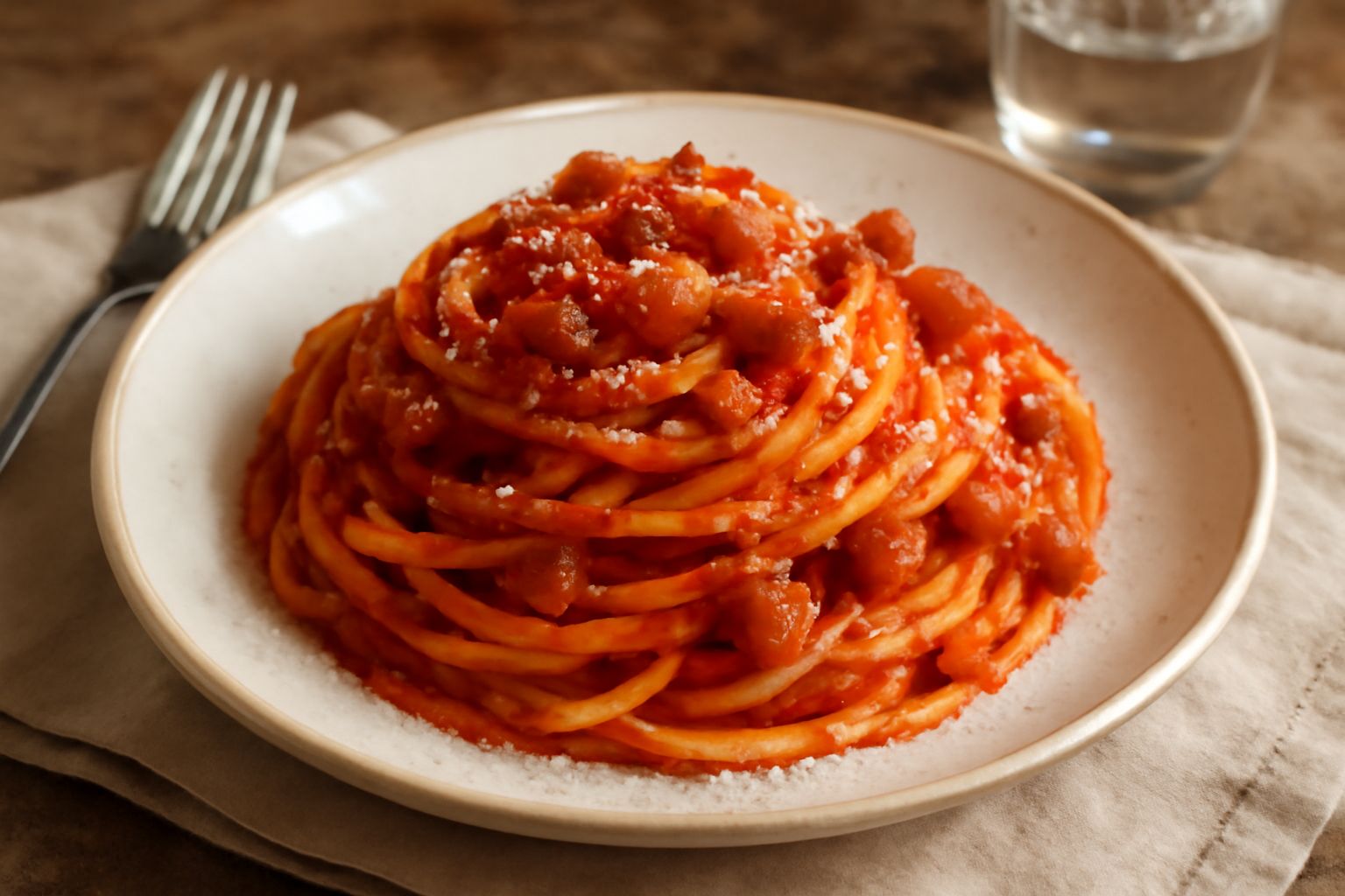 Piatto di pasta all'amatriciana con rigatoni lucidi di salsa rossa, pezzi visibili di guanciale croccante color marrone dorato, spolverata di pecorino bianco, servito in piatto bianco fondo