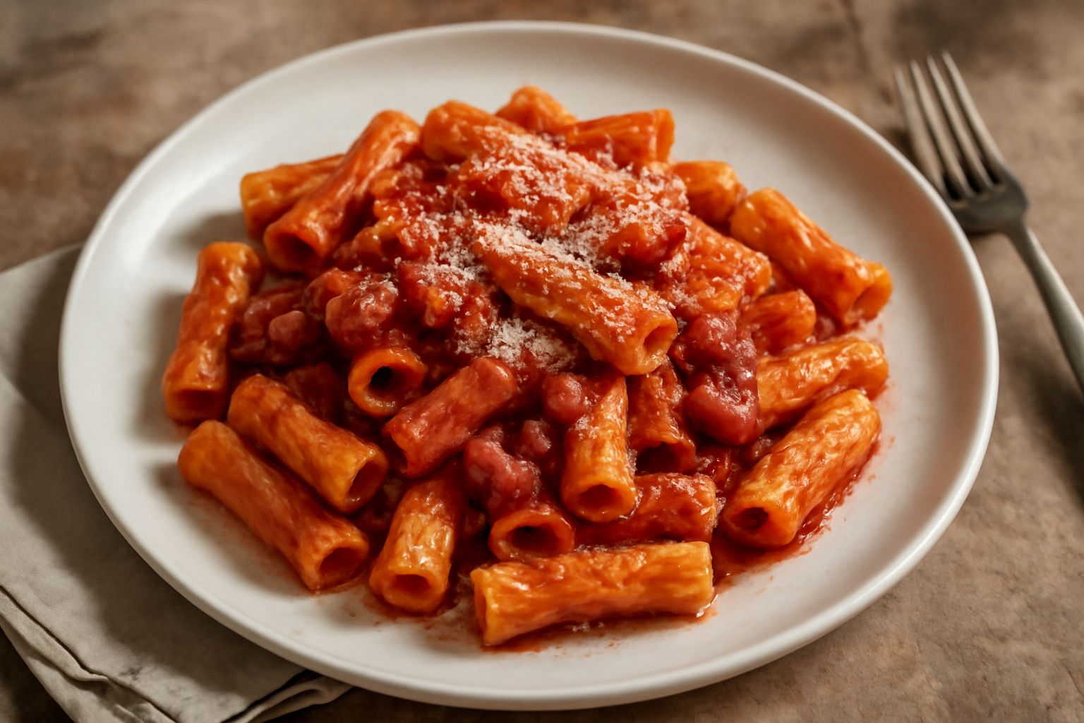 Piatto di spaghetti all'amatriciana in una ciotola bianca, con cubetti di guanciale rosato, salsa rossa di pomodoro e scaglie di pecorino romano, forchetta in primo piano