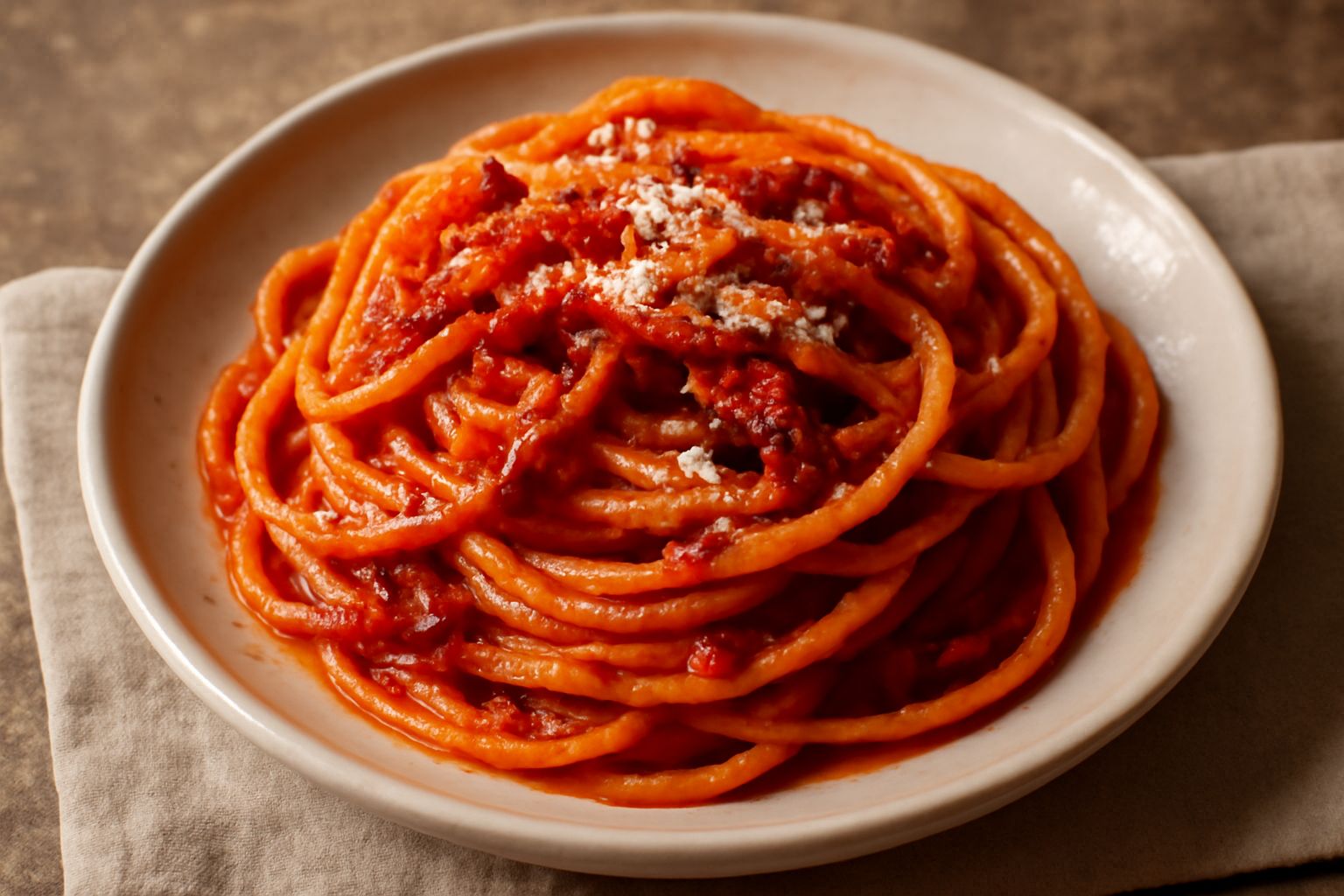 Piatto di pasta all'amatriciana marchigiana con spaghetti o bucatini ricoperti di sugo rosso a base di pomodoro, pezzi di guanciale croccante sparsi in superficie, pecorino romano grattugiato bianco, 