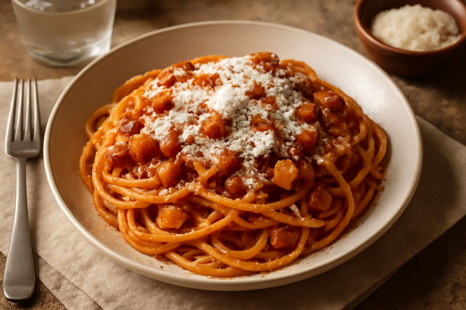 Un piatto di pasta bianca con pezzetti rossi di pomodoro, strisce dorate di guanciale croccante, copertura di pecorino bianco grattuggiato, peperoncino rosso sparso in superficie, servito in un piatto