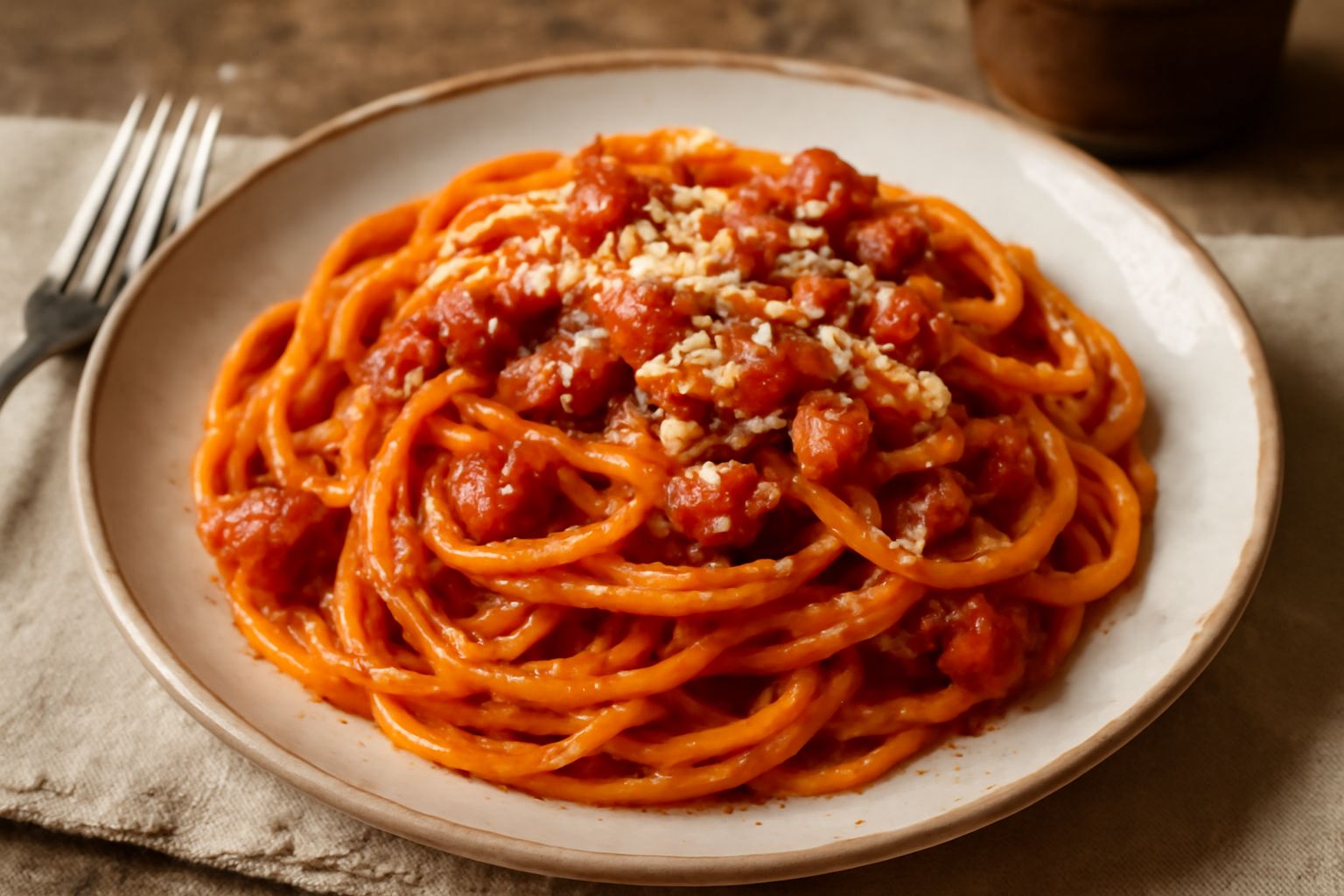 Piatto di spaghetti all'amatriciana umbra con salsa rossa, guanciale croccante a strisce, pecorino grattugiato bianco e peperoncino rosso in polvere, servito in ciotola bianca su fondo grigio