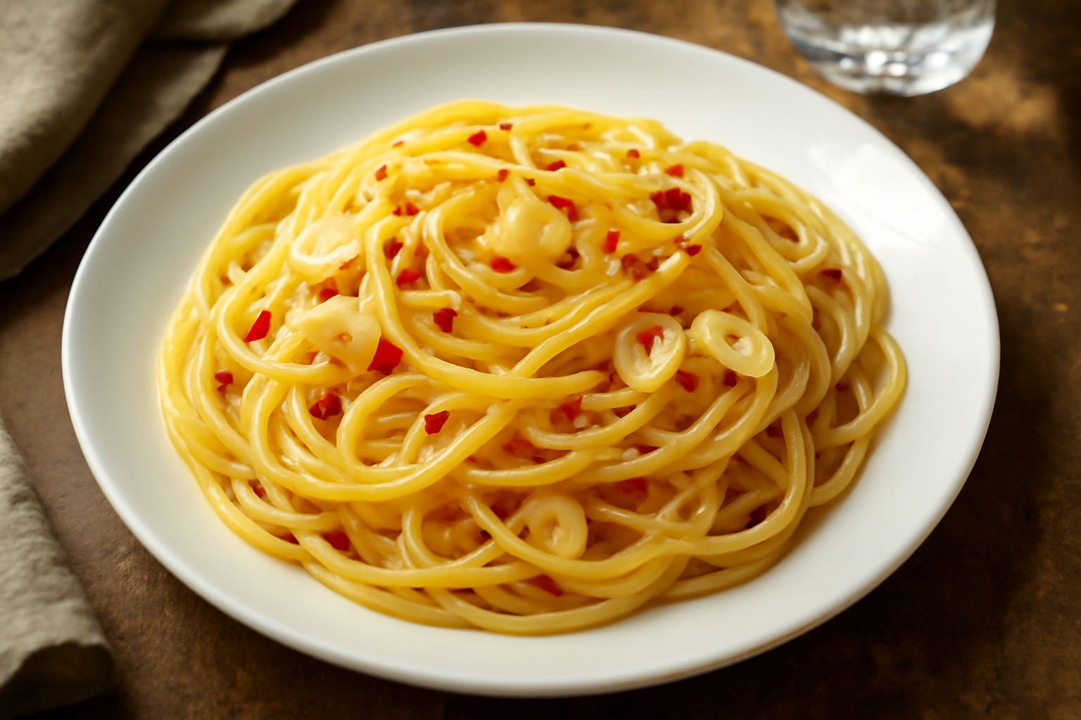 Piatto di ceramica bianca con pasta spaghetti condita con olio brillante, aglio dorato e peperoncino rosso, guarnito con prezzemolo fresco verde, su tavolo di legno scuro.