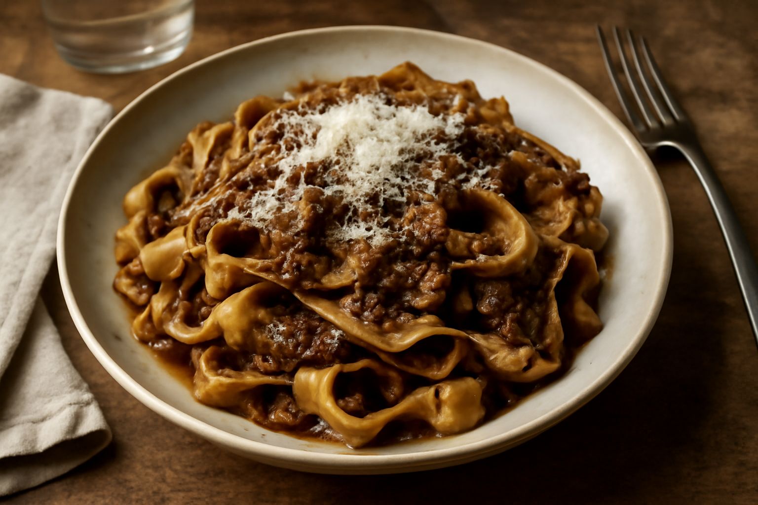 Piatto di pasta all'anatra con sugo scuro e lucido, fiocchi di parmigiano grattugiato sopra, tenuta da una forchetta che solleva i tagliatelle, con fondo di ceramica bianca