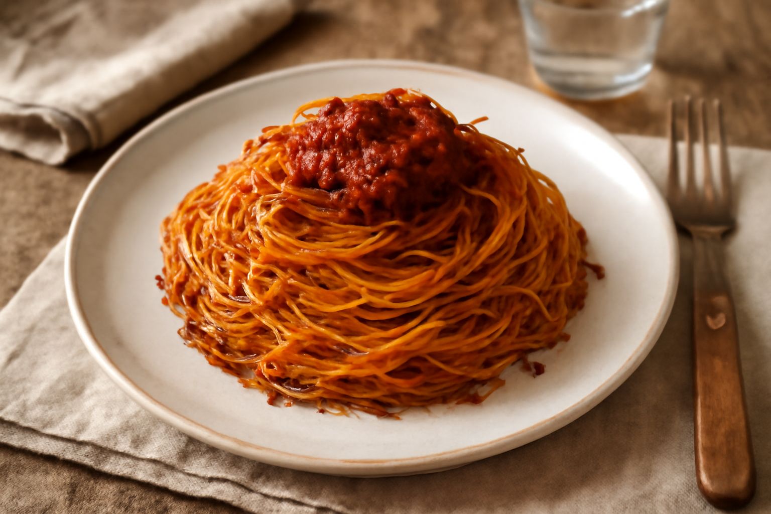 Piatto di pasta all'assassina con pasta fritta dorata e croccante, condita di ragù rosso scuro, spolverata di formaggio grattugiato, servita in un piatto bianco profondo