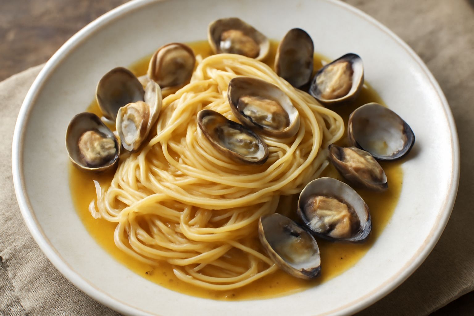 Piatto di pasta con arselle: spaghetti o linguine bagnati di sugo trasparente con arselle aperte sparse sulla superficie, seduti su piatto bianco, con prezzemolo verde fresco sparso, due fette di limo