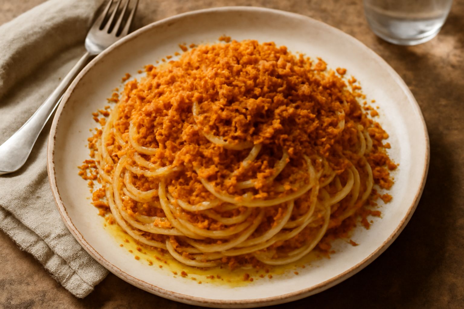 Piatto di pasta lunga con briciole di pane tostato dorate e croccanti, aglio rosso scuro, gocce di olio d'oliva verde brillante, peperoncino rosso tritato fine, in piatto bianco su tavolo rustico