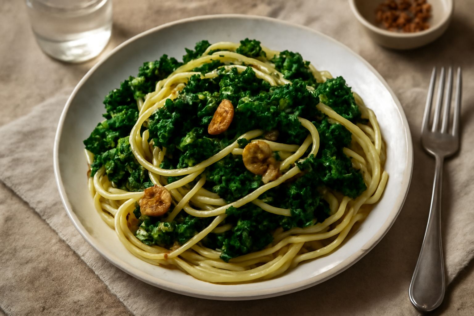 Piatto di pasta alle cime di rapa con spaghetti intrecciati con cime di rapa verde scuro, gocce di olio dorato, spicchi di aglio dorato, peperoncino rosso visibile in superficie, servito in un piatto 