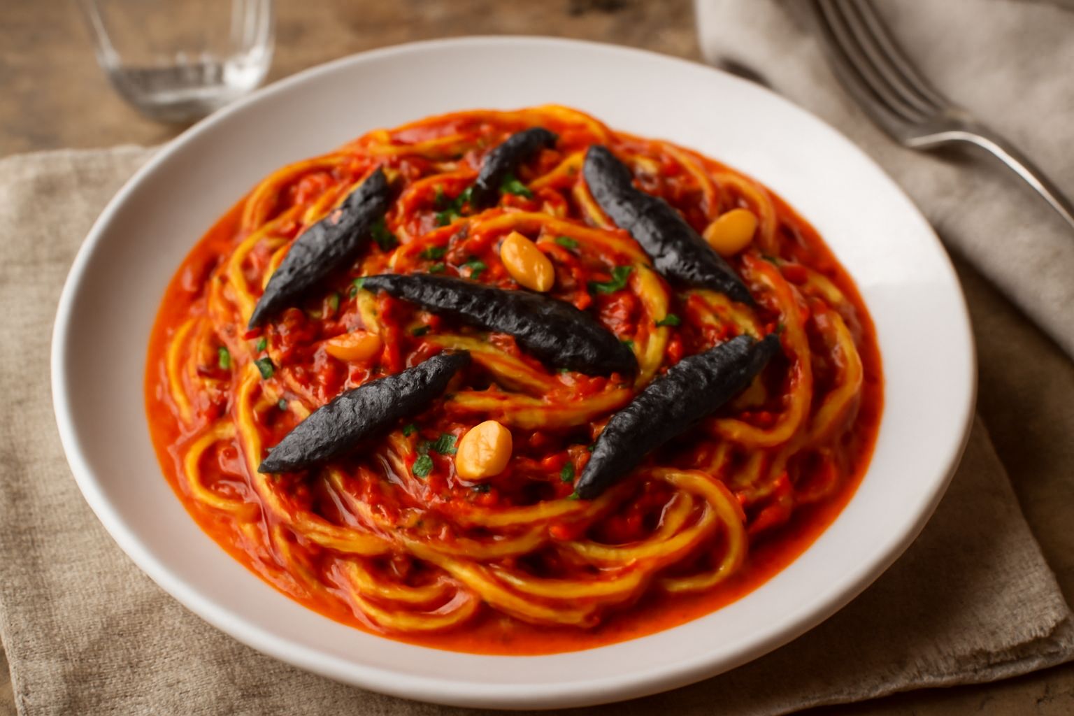 Piatto di pasta alle sarde con acciughe intere, salsa rossa di pomodoro, aglio dorato e prezzemolo fresco spolverato sopra, servito in un piatto bianco