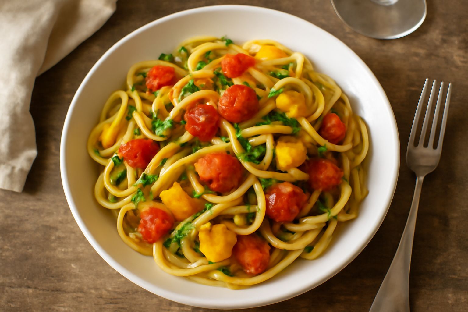 Piatto di pasta con zucchine, melanzane e pomodori rossi appena saltati, cosparso di olio verde oliva e prezzemolo fresco, servito in un piatto bianco fondo con bordo grigio.