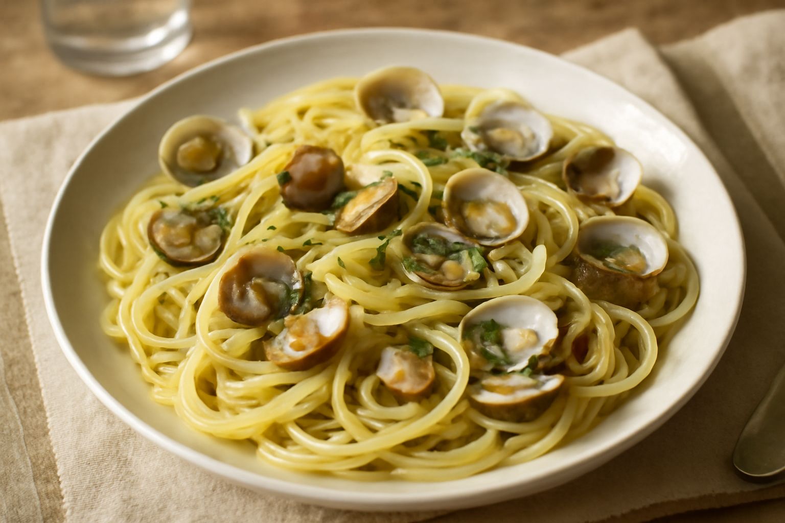 Un piatto di pasta spaghetti bianchi con vongole veraci aperte sparse in primo piano, aglio dorato e prezzemolo fresco, servito in un piatto fondo bianco con orlo grigio, illuminato da luce naturale