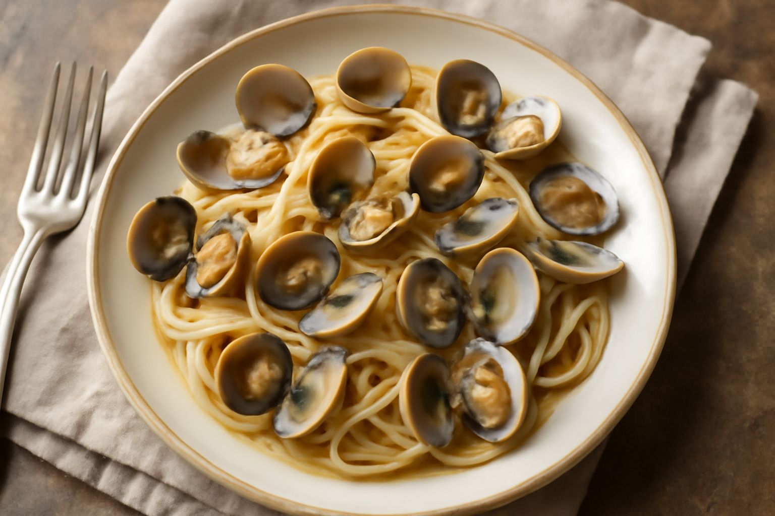 Piatto di pasta alle vongole veraci bianca con vongole aperte, una riduzione di sugo chiaro e prezzemolo fresco tritato in superficie, olio lucido sulla pasta, fondo bianco
