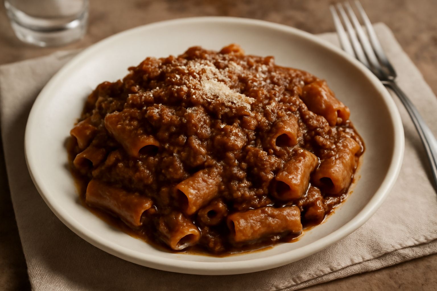Piatto di pasta all'oca con ragù marrone scuro, guarnito con parmigiano grattugiato bianco e prezzemolo verde fresco, su fondo bianco