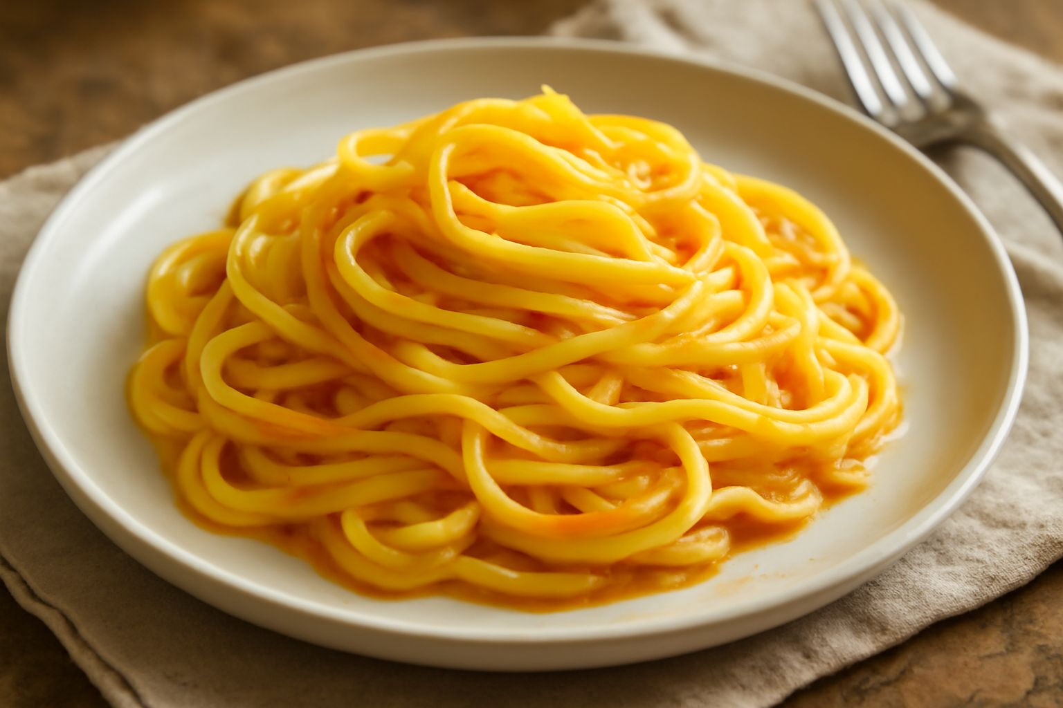 Pasta all'uovo fresca arrotolata sul piano di lavoro, ricoperta di leggera di farina bianca, con uno o due uova intere accanto e un canovaccio grigio sullo sfondo