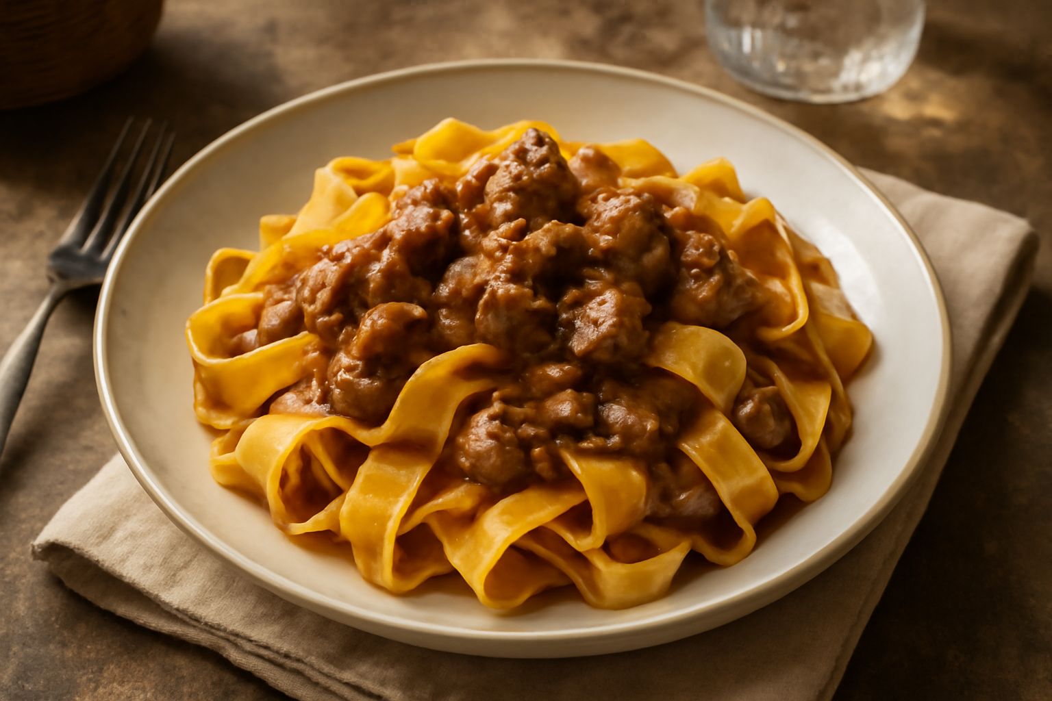 Sfoglia sottile di pasta all'uovo color giallo paglierino stesa su piano di marmo infarinato, con mattarello in legno, taglierella e ciotola con uova rotte a lato