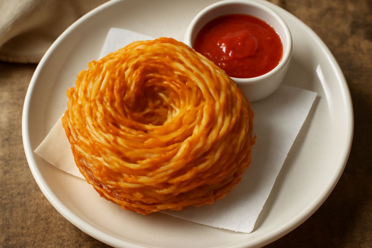 Nido di pasta all'uovo fritta, color oro intenso, croccante e dorato, disposto su carta assorbente bianca con qualche filo di pasta che fuoriesce dal nido, salsa di pomodoro in piccola ciotola accanto
