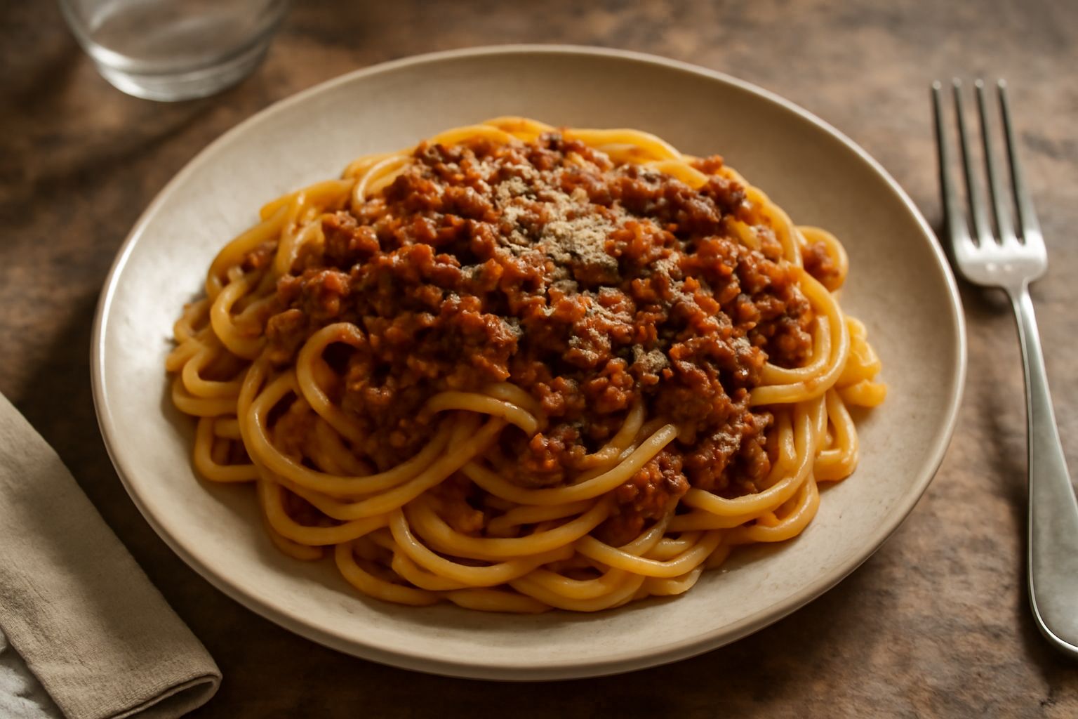 Piatto bianco con pasta all'uovo condita con ragù di carne scuro e fragrante, grattugiata con parmigiano, con un cucchiaio di legno accanto, in luce naturale