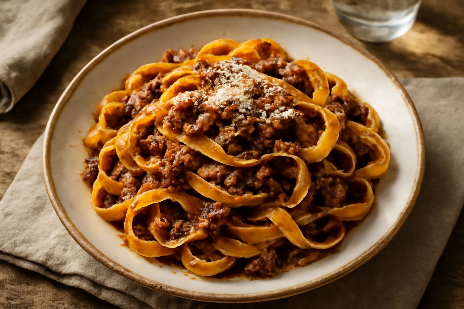 Piatto di pasta all'uovo con ragù napoletano: tagliatelle lunghe e ondulate coperte di sugo scuro e denso, piccoli pezzi di carne visibili nella salsa, formaggio grattugiato bianco sulla superficie, i