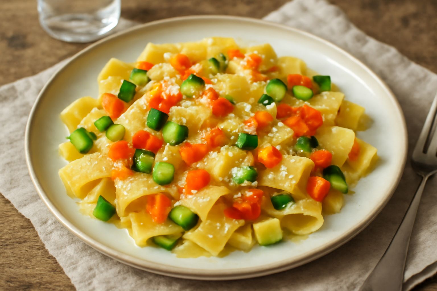 Piatto di pasta all'uovo fatta in casa condita con verdure miste tagliate a dadini, pezzi di formaggio, e aromi verdi, posta su un piatto bianco con bordo grigio