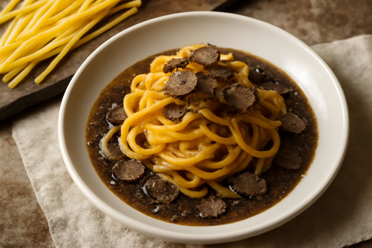 Piatto di pasta all'uovo gialla con sugo di tartufo nero cremoso, decorato con trucioli di tartufo, pepe nero e prezzemolo fresco, servito in piatto bianco