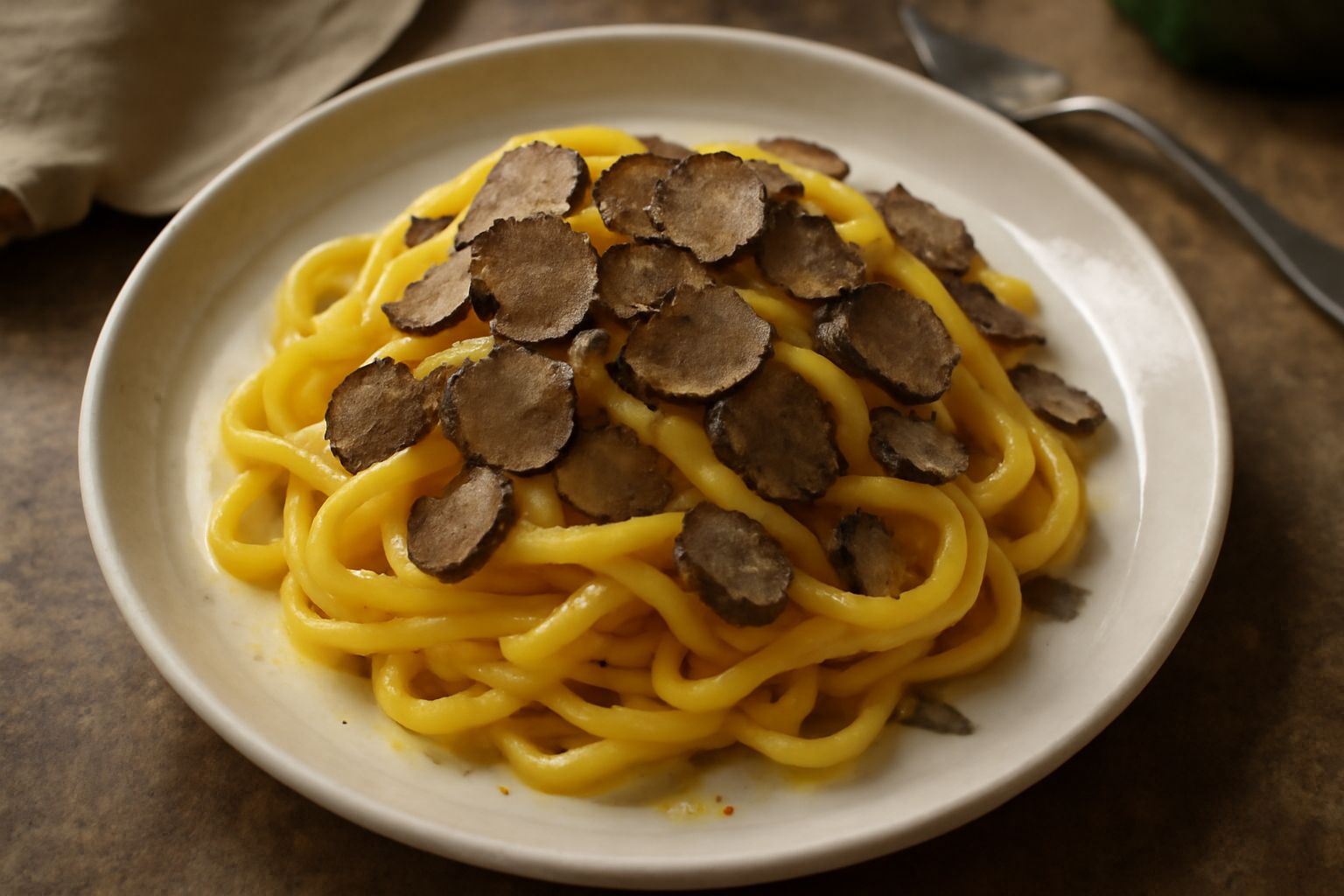 Piatto di pasta all'uovo con tartufo nero finemente affettato, servita con un filo di olio extravergine di oliva, su un fondo bianco neutro con due forchette d'argento ai lati