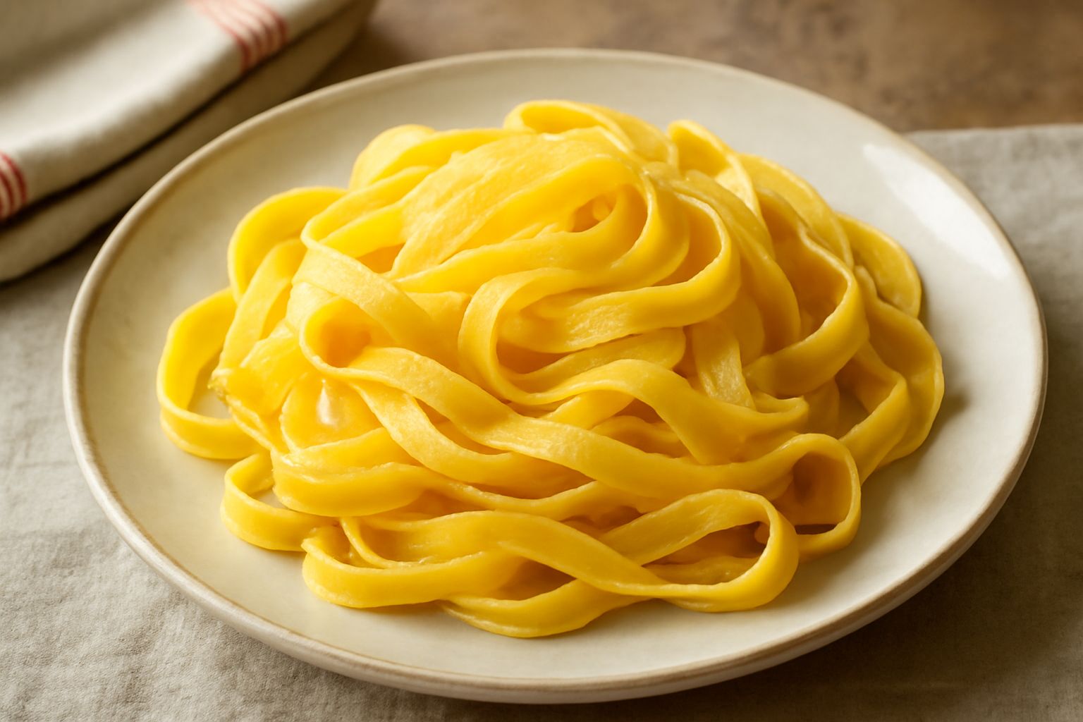 Sfoglia di pasta all'uovo appena stesa su piano infarinato, colore giallo dorato uniforme, superficie liscia con leggeri solchi della sfoglia arrotolata, accanto mucchio di farina bianca e uova in gus