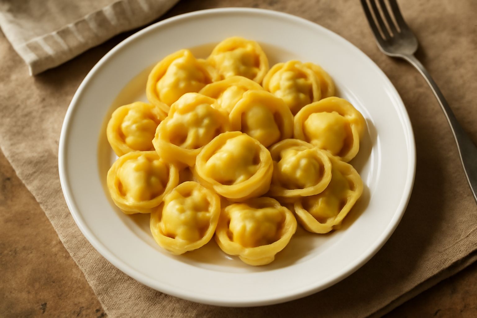 Piatto di pasta all'uovo ripiena con forma di tortellini o ravioli, disposti ordinatamente, ricoperti di burro fuso e salvia, spolverati di parmigiano grattugiato su sfondo di tavolo in legno