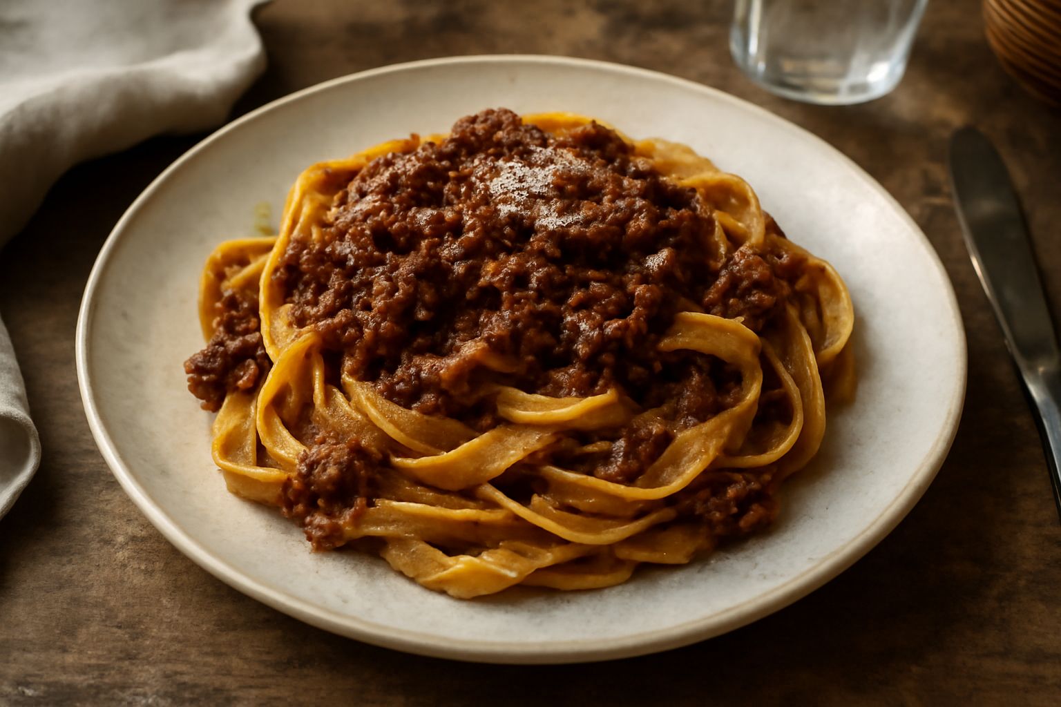 Piatto di pasta all'uovo toscana al ragù: sfoglia gialla dorata condita con ragù marrone scuro, guarnito con parmigiano grattugiato bianco e filo di olio verde, in ciotola di ceramica bianca su tavolo
