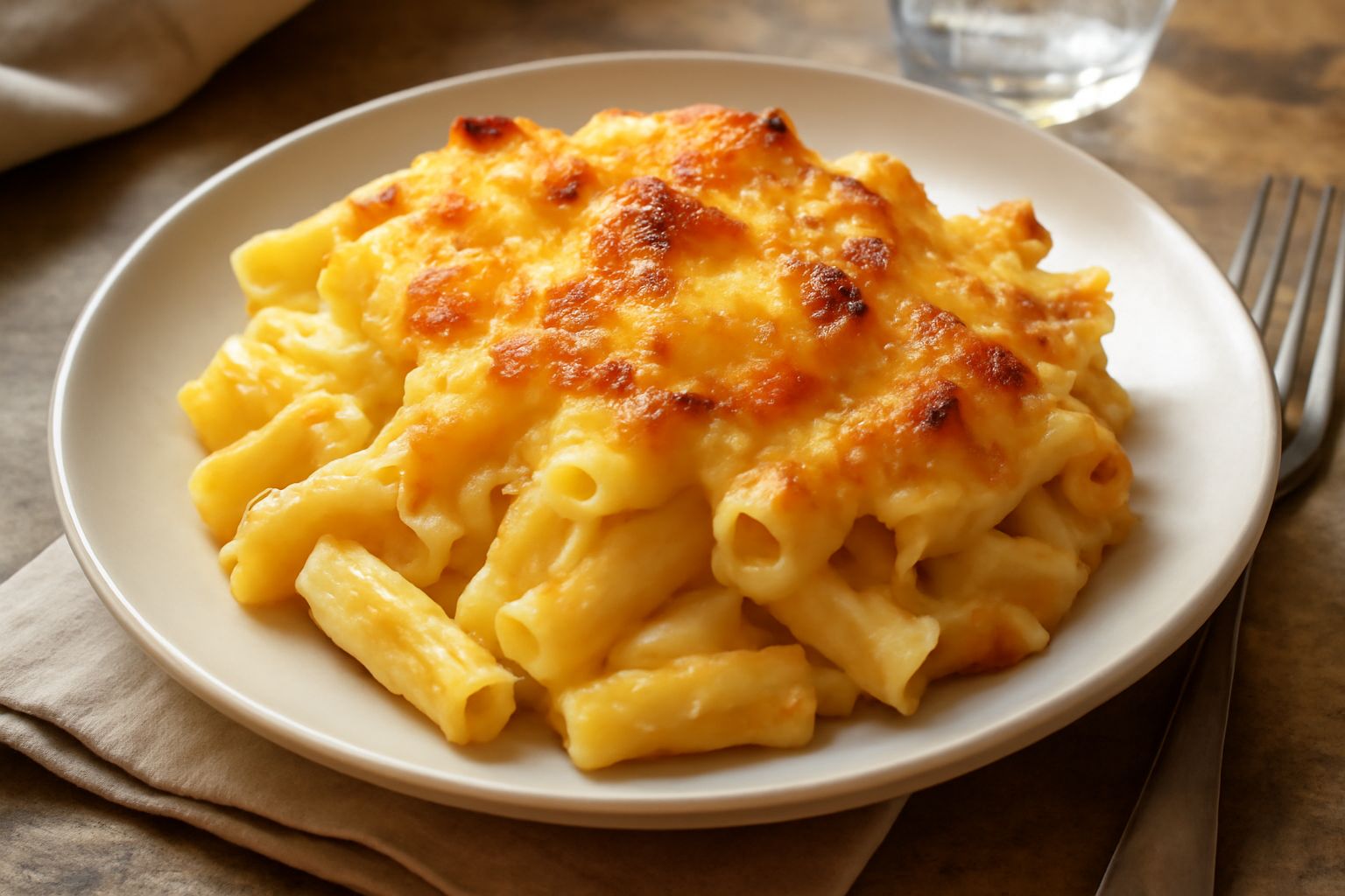 Piatto di pasta al forno con formaggio dorato, superficie gratinata marrone chiaro, pasta visibile all'interno cremosa e filante, servito in vassoio da forno bianco